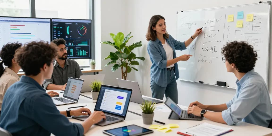 Dynamic tech workspace showcasing a collaborative session on juicy AI chat, vibrant atmosphere, diverse team engaged in brainstorming.