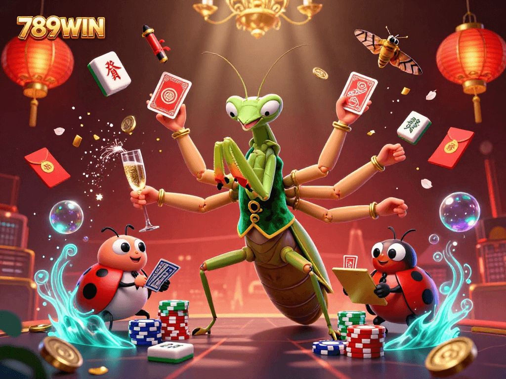 Engage with 789WIN in a vibrant casino atmosphere, featuring a mantis card sharp and ladybug pit boss.