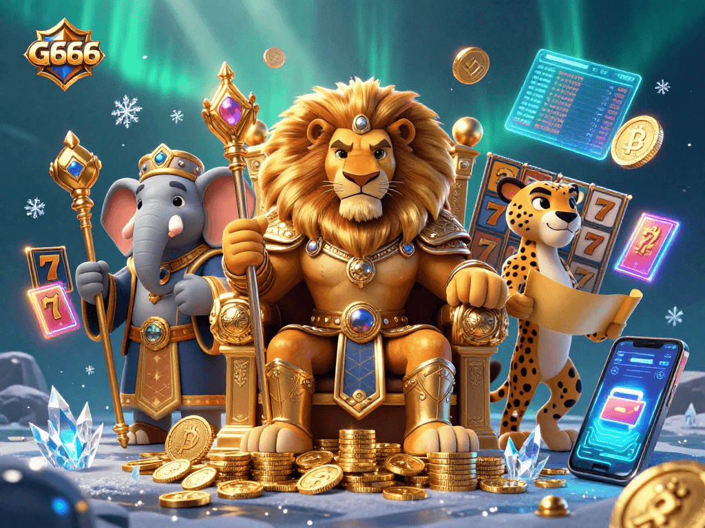G666 offers exciting slot games with thrilling jackpots, as represented by dynamic casino characters.
