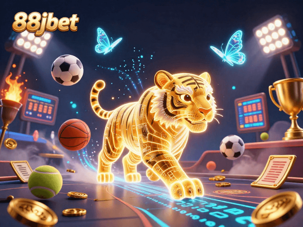 Win exciting bonuses and jackpots with 88jbet in a vibrant digital casino scene filled with sports elements and energy.