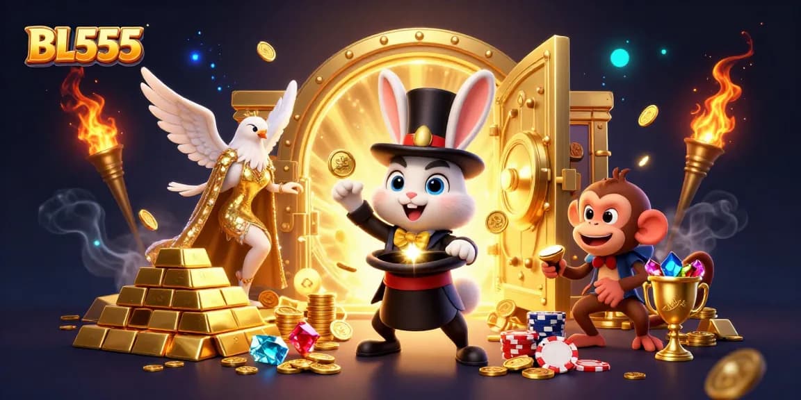 Engage in thrilling gameplay at BL555, witnessing a magician rabbit conjuring coins amidst casino treasures.