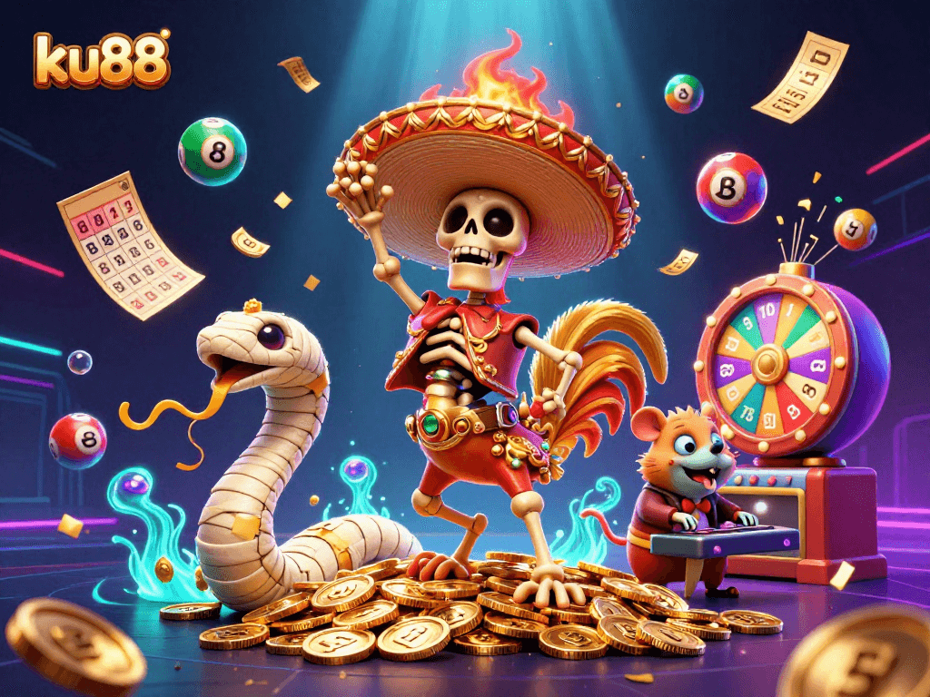 ku88 celebrates with a lively 3D illustration featuring a mariachi rooster and festive lottery elements.