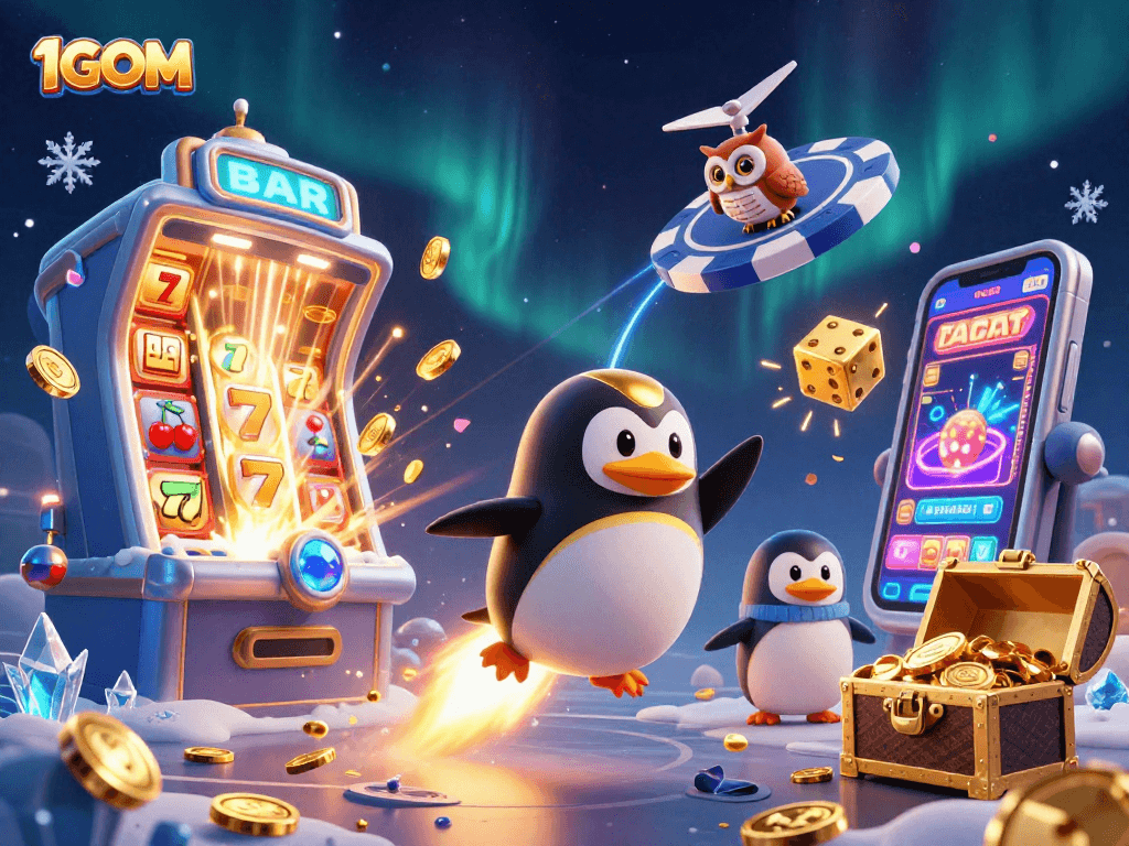 1GOM transforms gaming with a dynamic cartoon scene of a golden penguin in a casino universe.