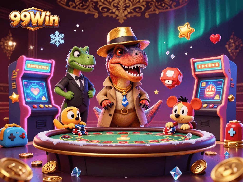 Experience thrilling gaming at 99Win with a cartoon velociraptor at a blackjack table.
