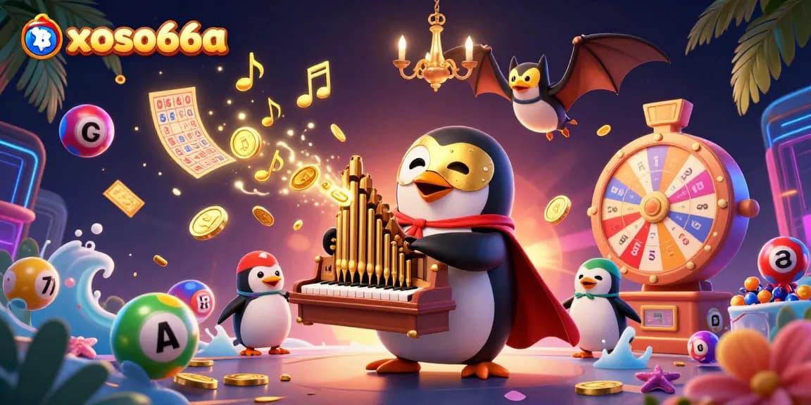 xoso66a lets players experience a vibrant casino scene with a penguin playing golden coins.