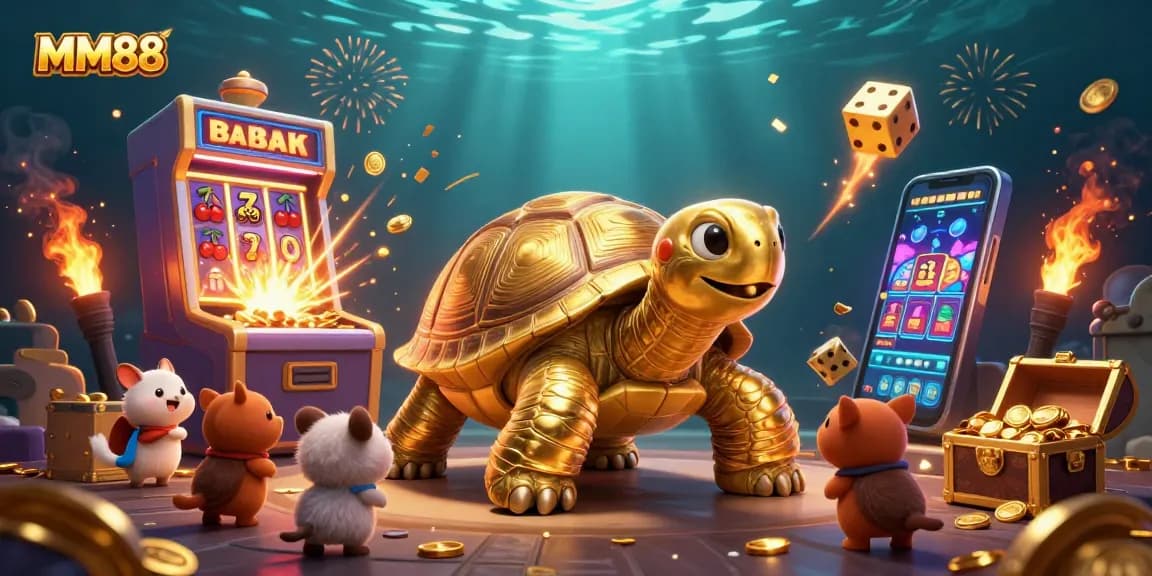 Experience the excitement of MM88 with a dynamic 3D casino illustration bursting with vibrant colors and action.