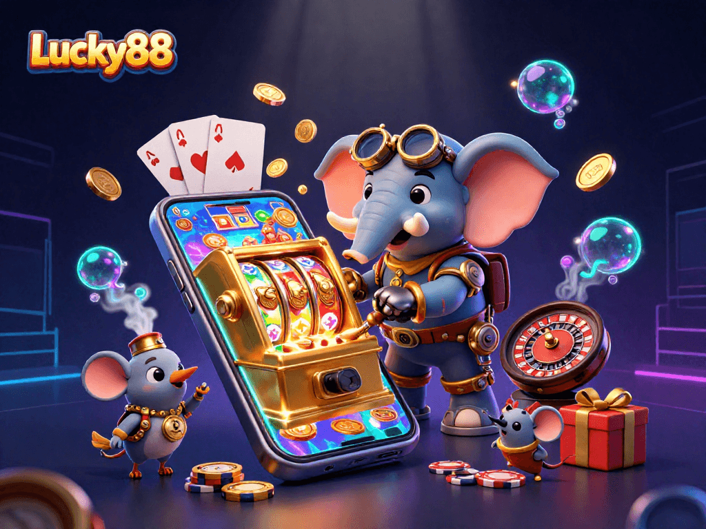 Experience thrilling wins with Lucky88's vibrant slot machines and steampunk characters in a lively casino atmosphere.