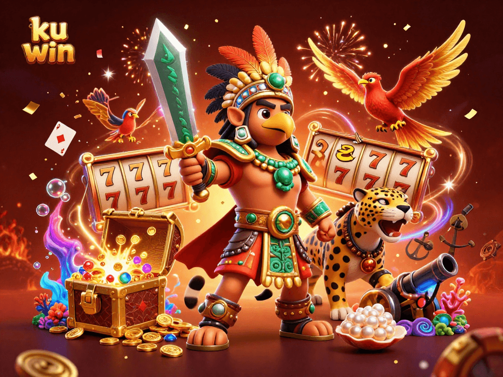 Experience thrilling wins with ku win in this vibrant online casino adventure illustration.