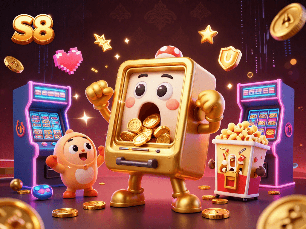 S8 slot machine celebrates a jackpot win with coins spilling, surrounded by arcade elements and baby slot machines