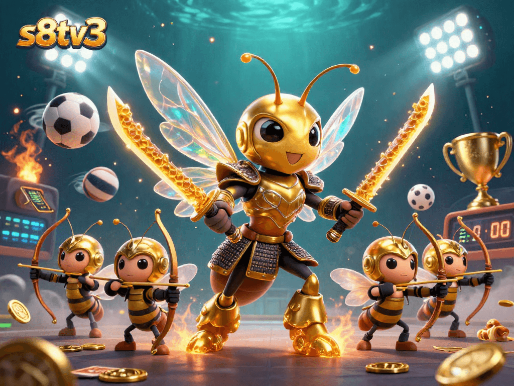 s8tv3 showcases a vibrant scene of a giant golden hornet samurai amidst dynamic sports elements, celebrating online betting excitement.