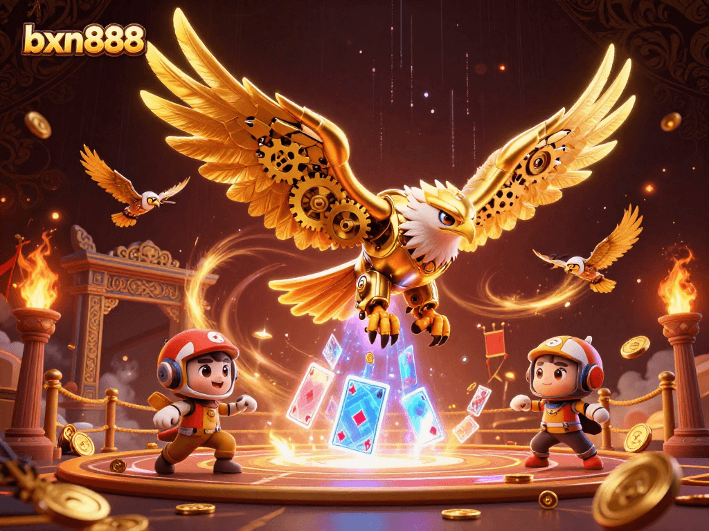 Experience the thrill of bxn888 with a dynamic scene of a golden eagle amidst holographic playing cards and vibrant gaming elements.