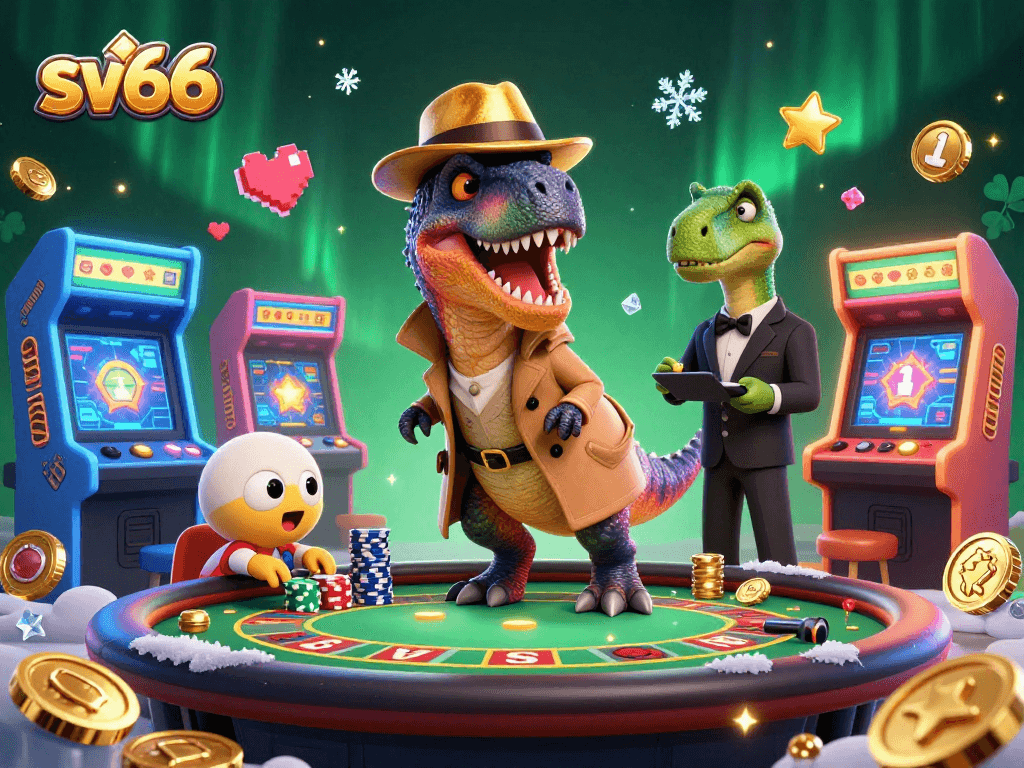 Experience dynamic gaming action with sv66, featuring a velociraptor card counter and casino elements.