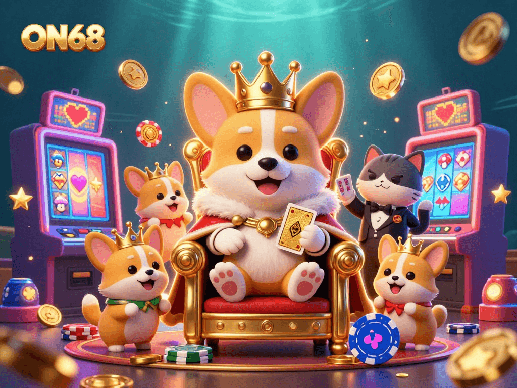Engage with ON68's thrilling slots and jackpot excitement amidst royal corgis and vibrant games.