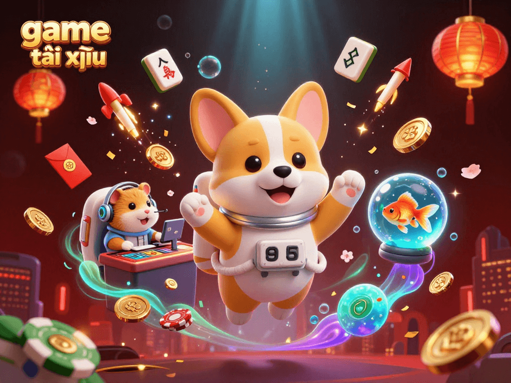 Engage in game tài xỉu with vibrant scenes of 3D characters celebrating a dynamic casino atmosphere.