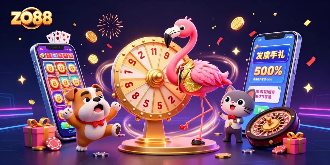 Experience thrill with zo88 as a flamingo host spins the prize wheel amid gaming excitement.