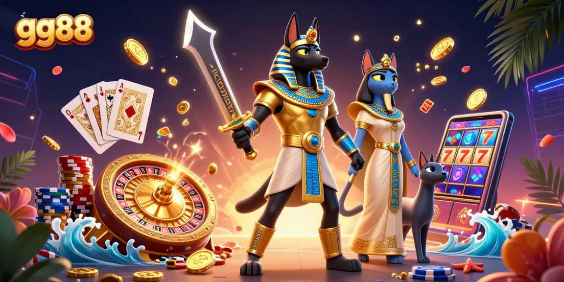 Engage with the vibrant world of gg88 as Anubis and Bastet dominate the scene with dazzling casino elements.