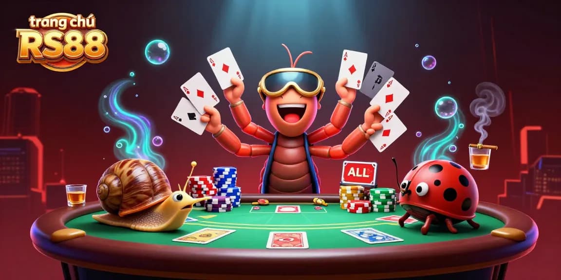 Engage with the colorful scene at trang chủ RS88, showcasing a 3D dealer, poker elements, and vibrant casino atmosphere.