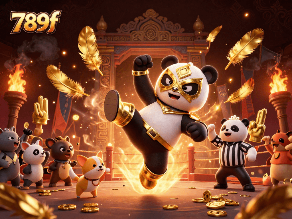 Join the excitement at 789f, witnessing a panda wrestler's epic flying kick in a vibrant casino scene.