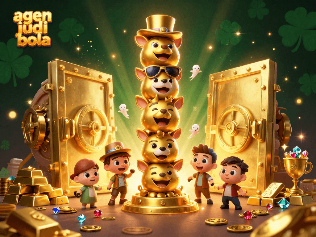 Engage with agen judi bola gameplay through a vibrant, detailed 3D illustration showcasing golden treasures and casino elements.