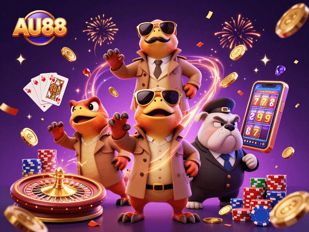 Experience the excitement of AU88 as cartoon raptors enter a VIP casino, surrounded by vibrant gaming elements.