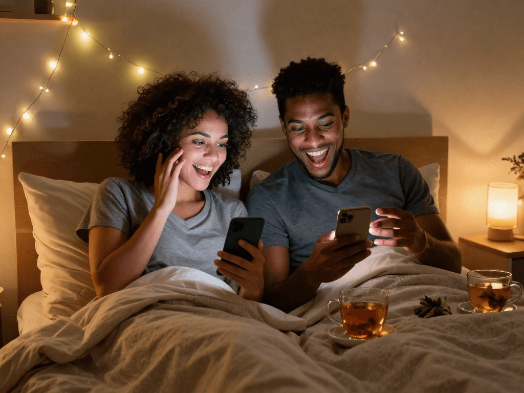 Engaging sex chat ai conversation between a couple in a cozy bedroom, showcasing connection and intimacy.