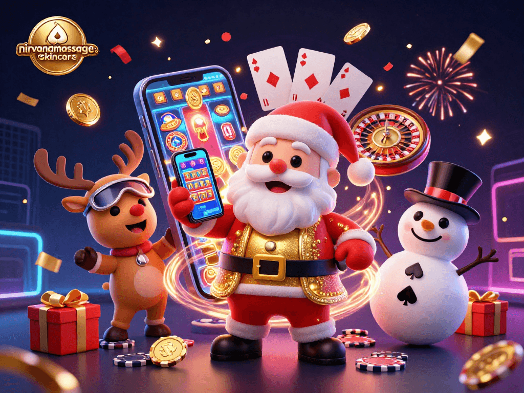 Experience slots and jackpots with nirvanamassageandskincare's thrilling casino scene featuring festive characters.