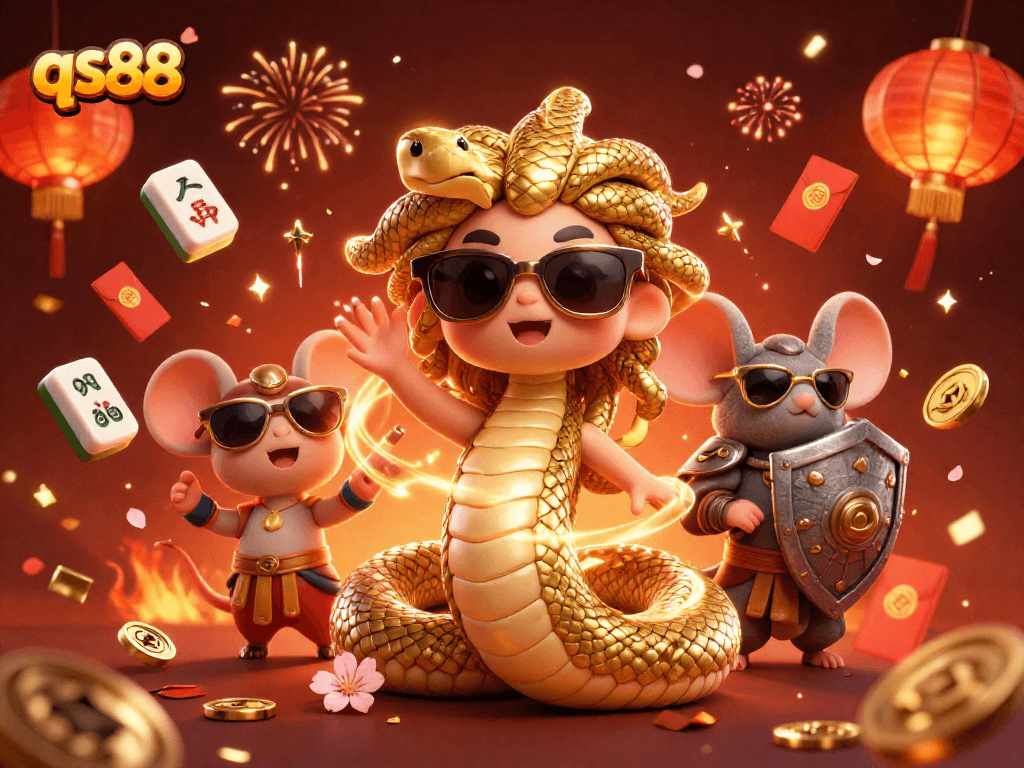 Engage in thrilling gameplay at qs88 with friendly Medusa and a brave warrior mouse amidst festive symbols.