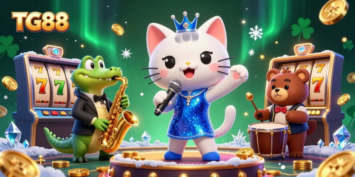 Players enjoy thrilling wins at TG88's casino stage filled with colorful slot reels and lively characters.