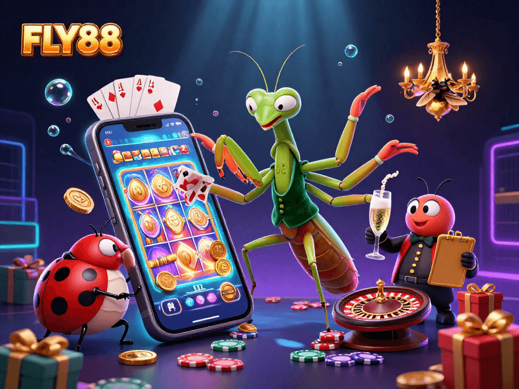 FLY88 features an imaginative casino scene with a giant mantis dealer and ladybug pit boss amidst vibrant slot games.