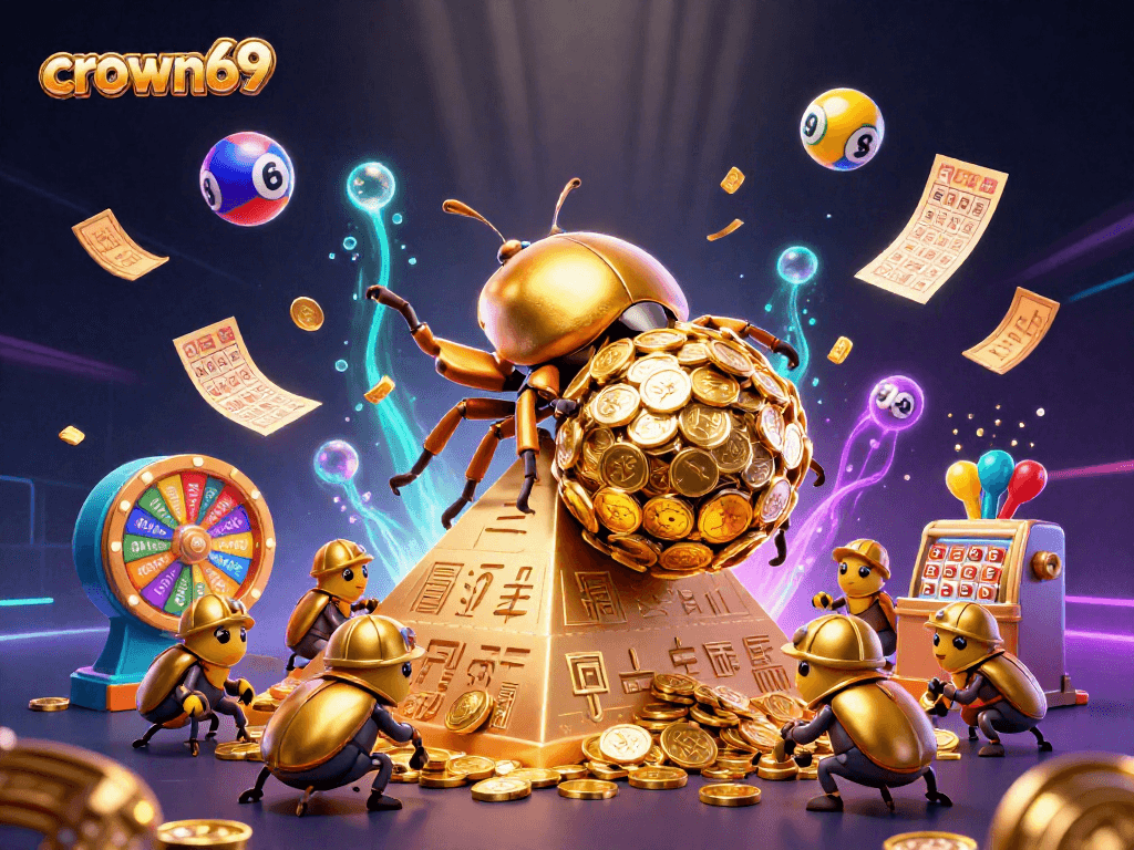 Crown69 showcases a golden dung beetle amidst a vibrant casino scene with colorful lottery elements.