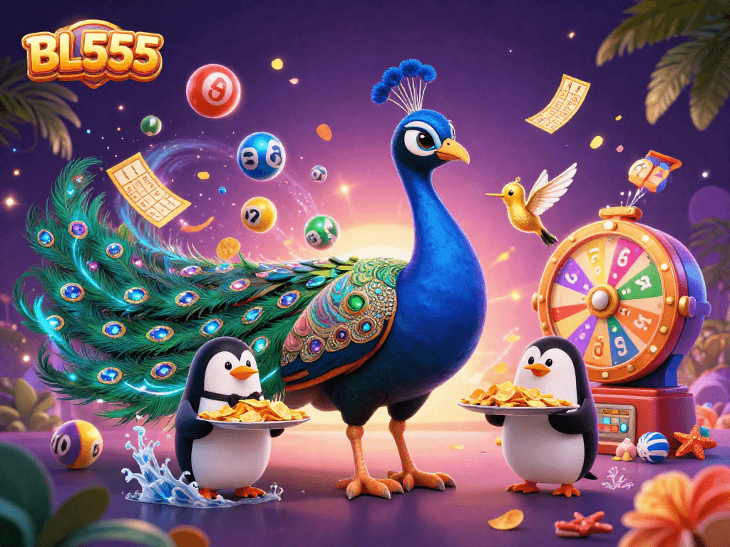 Experience thrilling moments at BL555 with a vibrant scene featuring a charming peacock and exciting game elements.