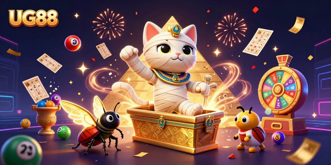 Experience thrilling gameplay with UG88 featuring lottery elements and a 3D mummy cat in a vibrant casino.
