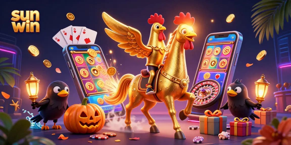 Experience thrilling wins with Sun Win in a vibrant casino scene, featuring a golden rooster and dynamic game elements.