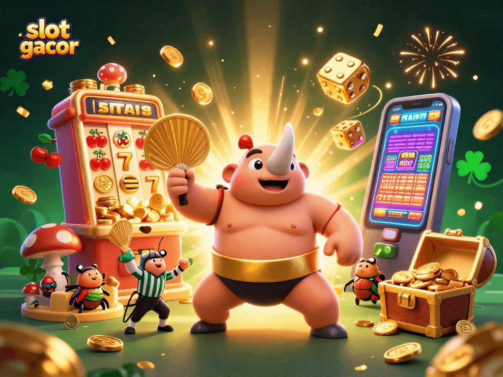 Experience thrilling wins at slot gacor with an ultra-detailed 3D illustration showcasing dynamic characters and casino elements.