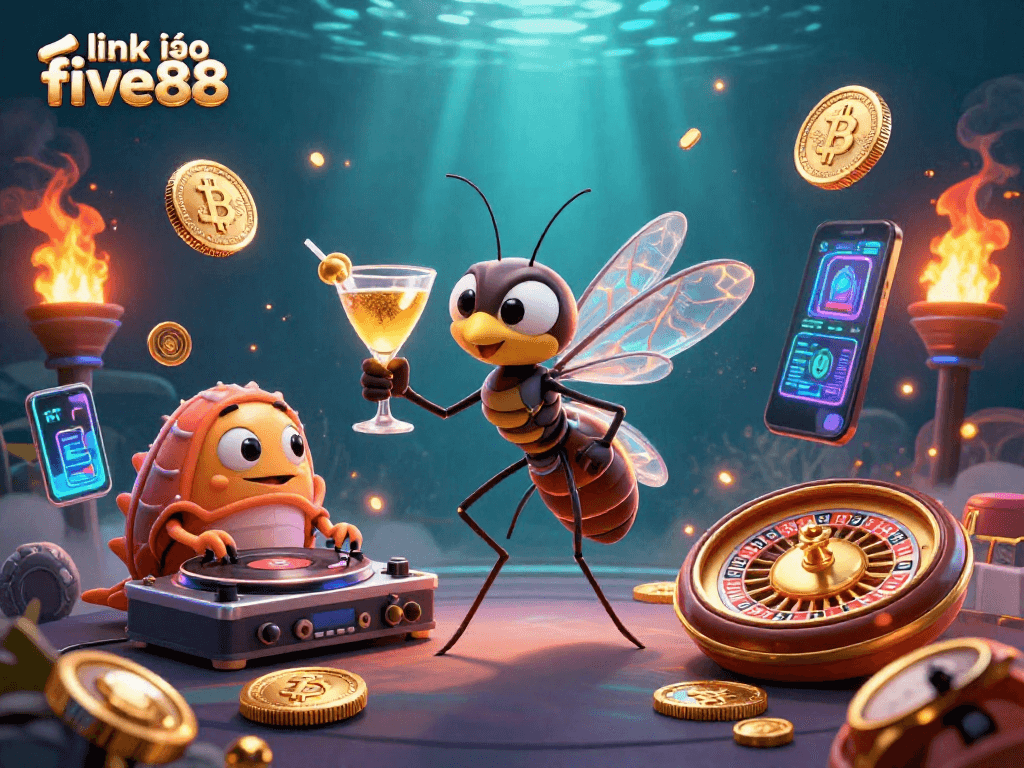 Engaging scene showcasing link vào five88 and immersive casino elements with vibrant characters and glowing crypto motifs.