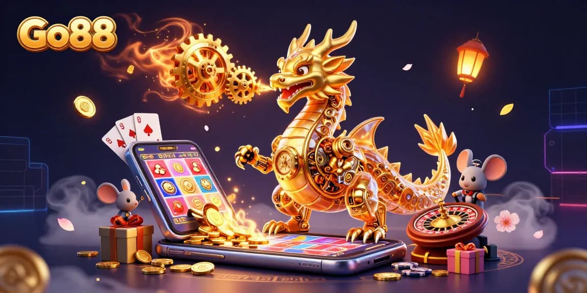 Experience thrilling gameplay at Go88 with a lively scene featuring a golden dragon and slot games.