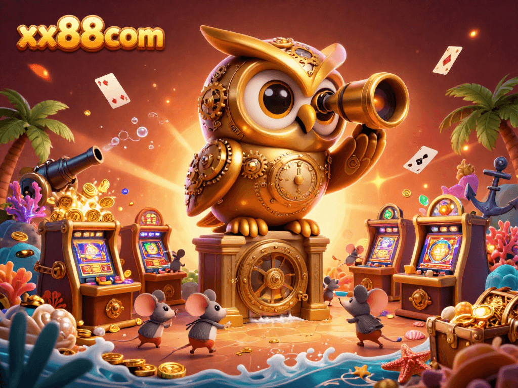 Experience winning opportunities at xx88com with a vibrant casino atmosphere featuring a clockwork owl observing games.