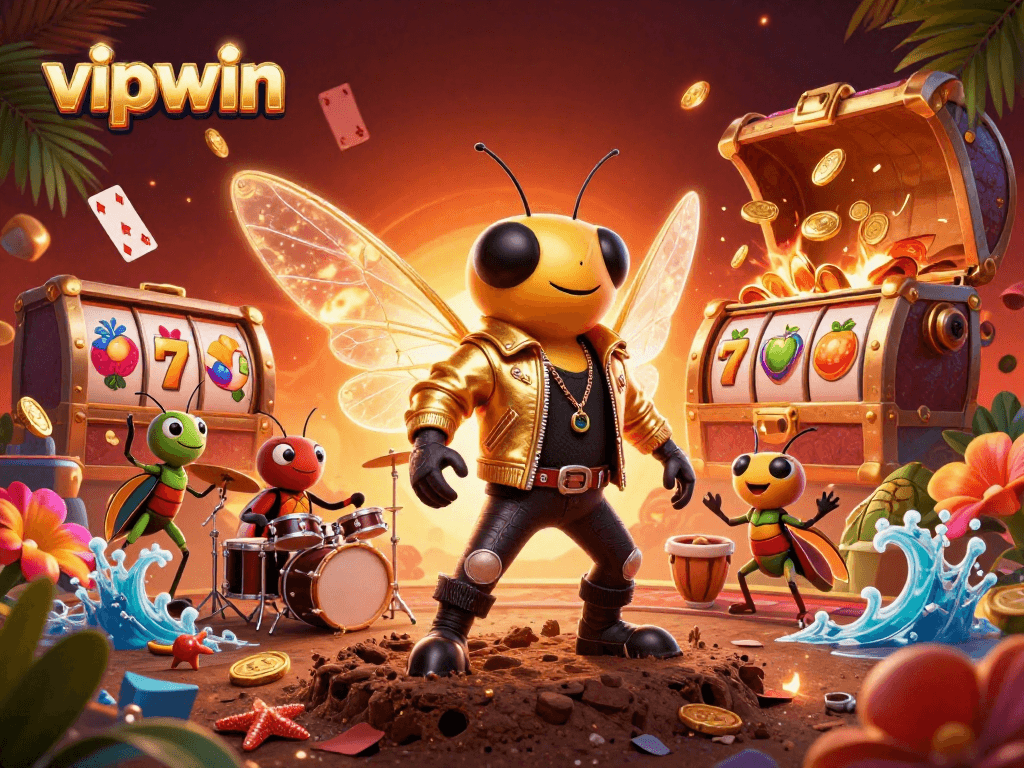 Win big at vipwin with this vibrant 3D illustration featuring a rock star cicada amidst casino elements.
