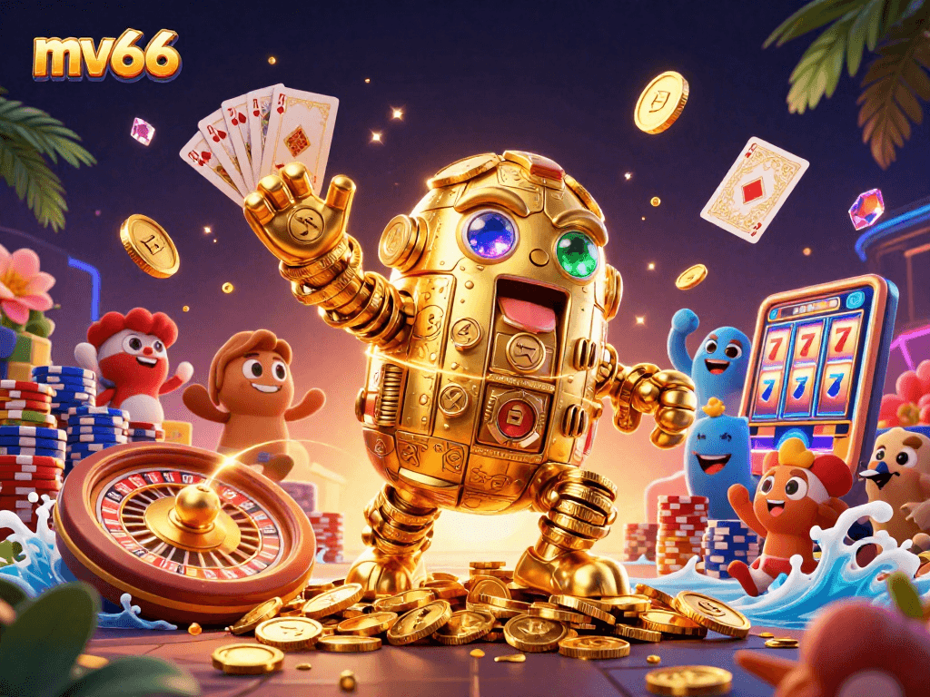 Experience excitement with mv66's dynamic golem and casino elements in a vibrant 3D digital scene.
