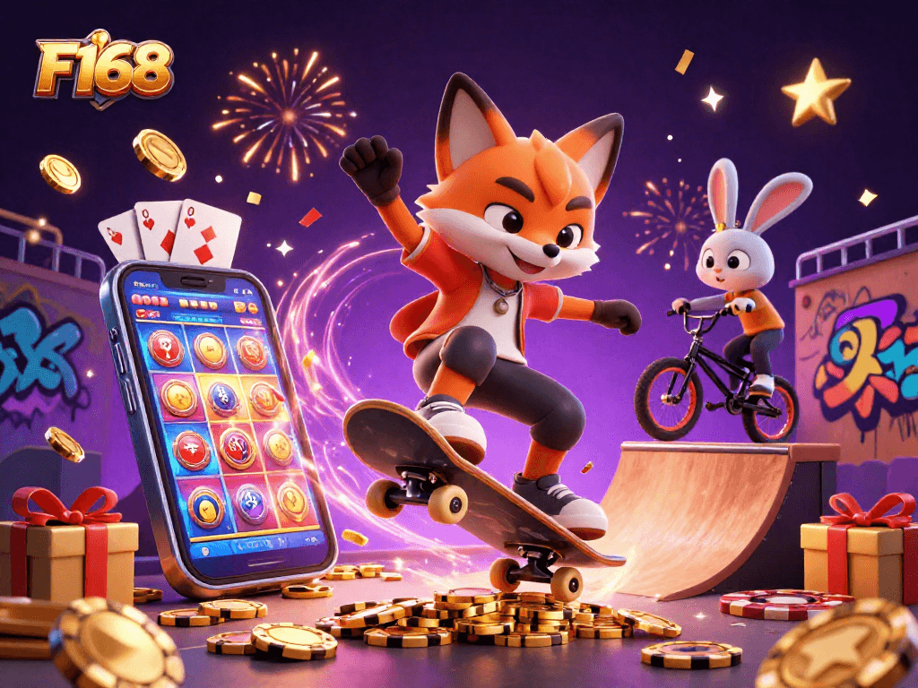 Experience thrilling fun at F168 with a vibrant 3D scene showcasing gaming characters amid casino elements.