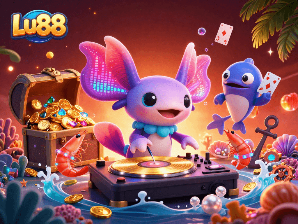 Experience the vibrant world of Lu88 casino with an energetic axolotl DJ and playful marine friends.