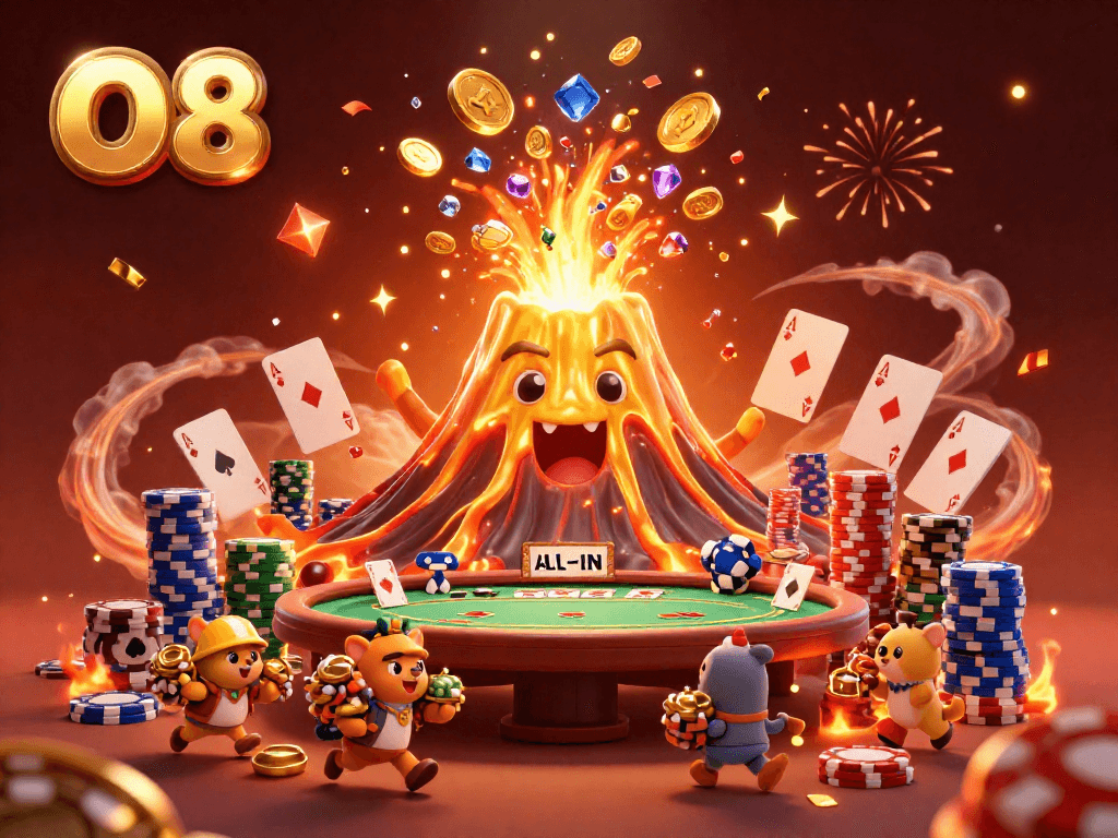 O8 casino scene with a golden volcano erupting coins and tiny animals grabbing treasures.