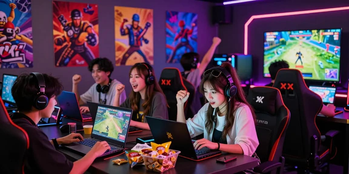 Group of friends playing xxx games in a vibrant gaming lounge filled with colorful decor and devices