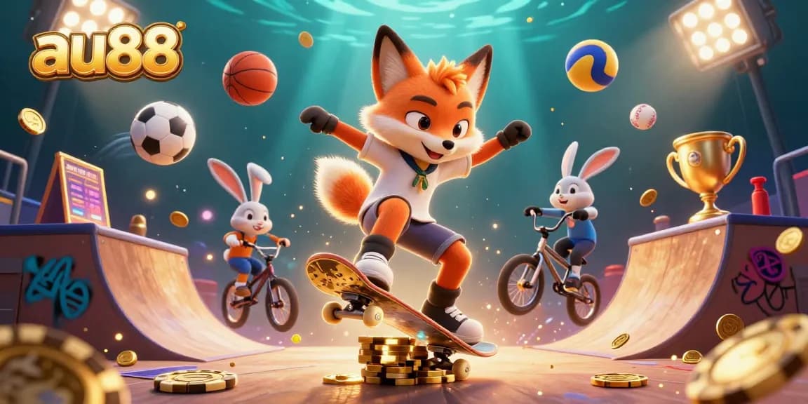 Experience thrilling gameplay at au88 with a dynamic scene of a skateboarder fox and BMX rabbit in a vibrant casino environment.