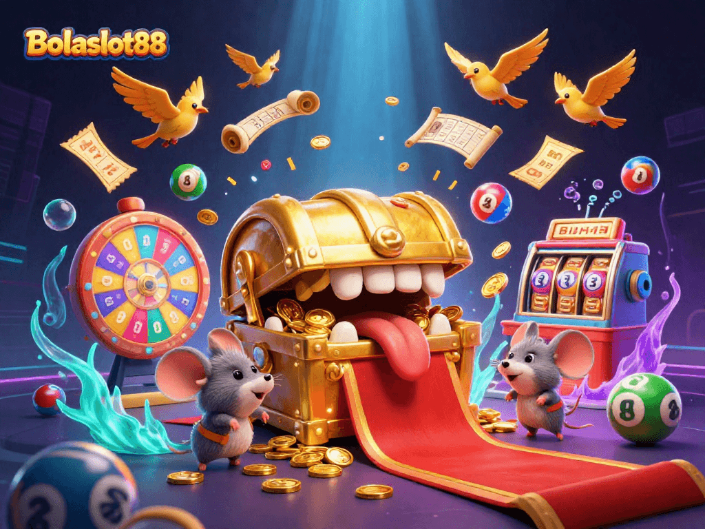 Bolaslot88 brings excitement with dynamic golden treasures, lottery elements, and a vibrant casino scene.