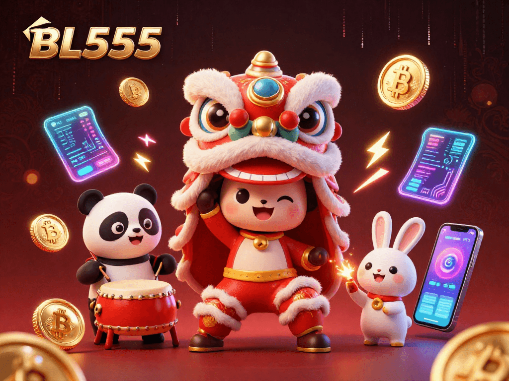 Spin to win at BL555 with a vibrant Chinese New Year celebration featuring lively characters and crypto elements.