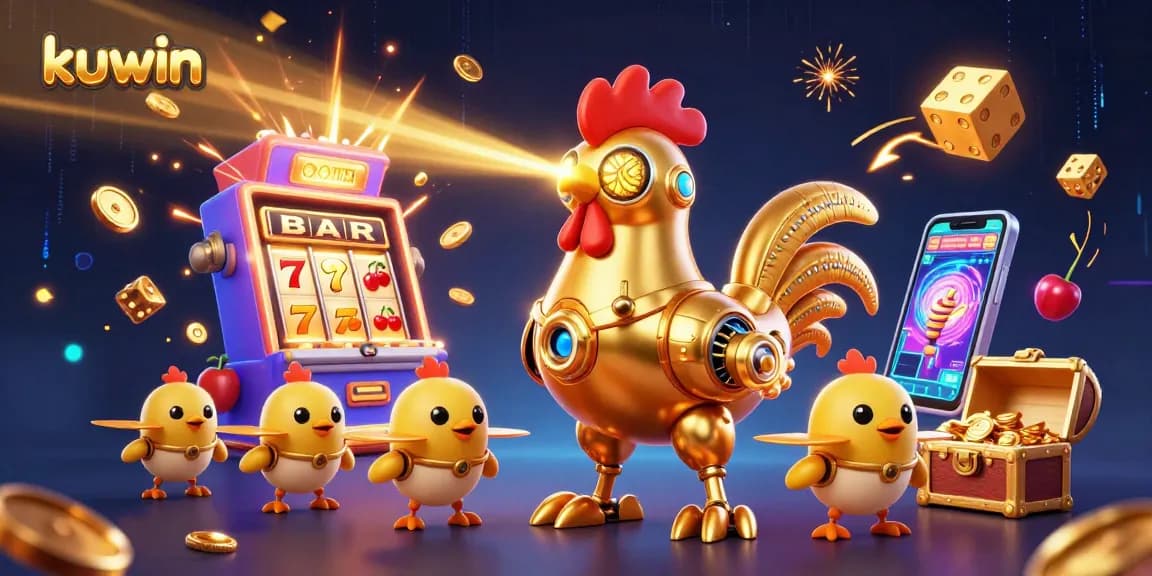 Kuwin showcases thrilling gameplay with a vibrant scene featuring a golden rooster robot, baby chick drones, and dynamic casino elements.
