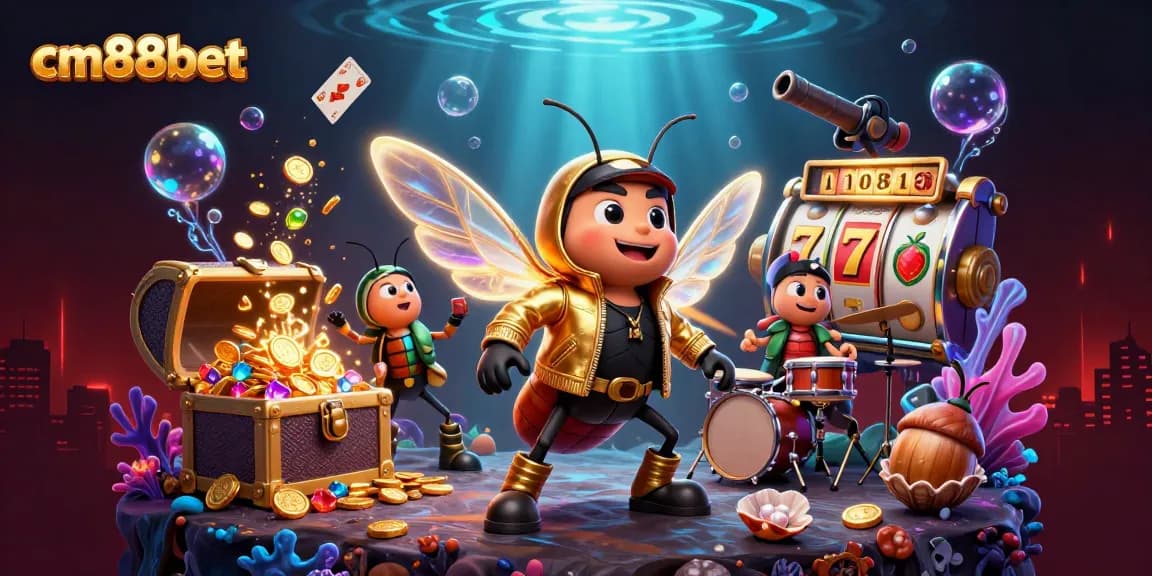 Experience the excitement of cm88bet with a vibrant casino-themed illustration featuring lively characters and games.