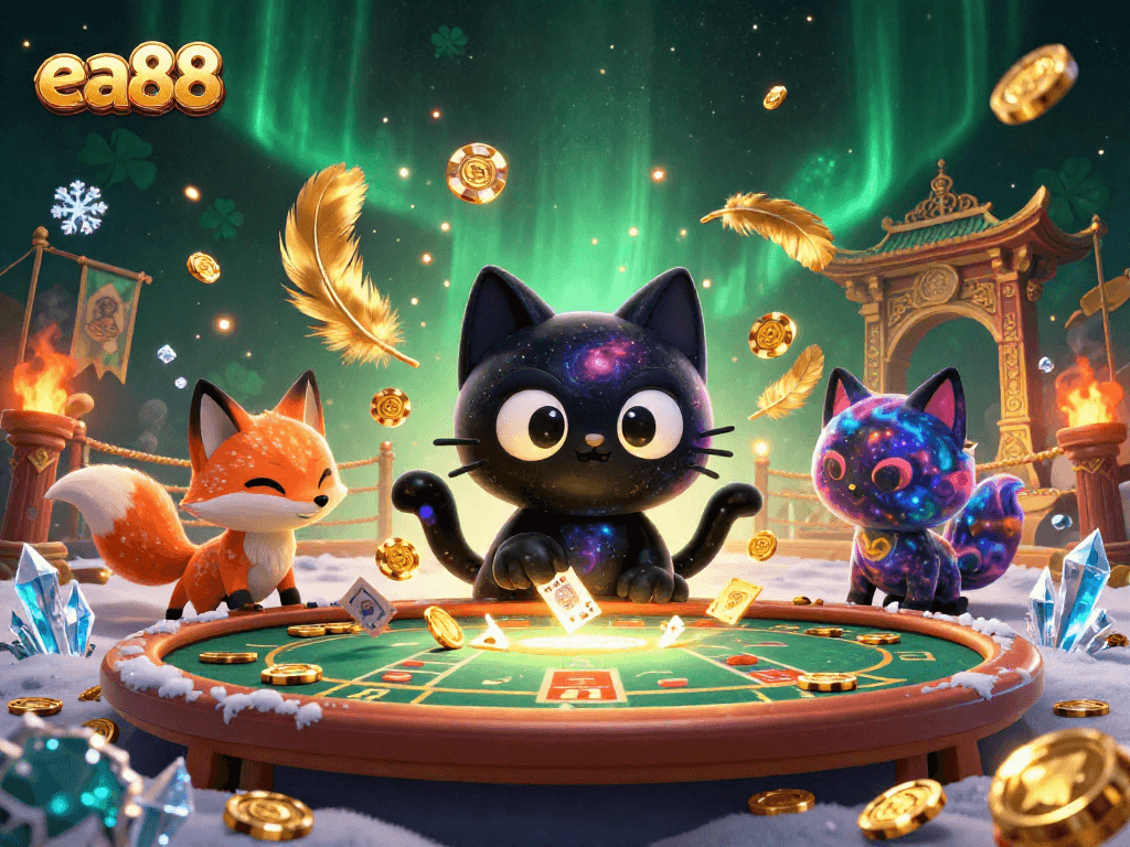 ea88 captivates players with a cosmic casino scene featuring a gravitational black hole cat and nebula fox.
