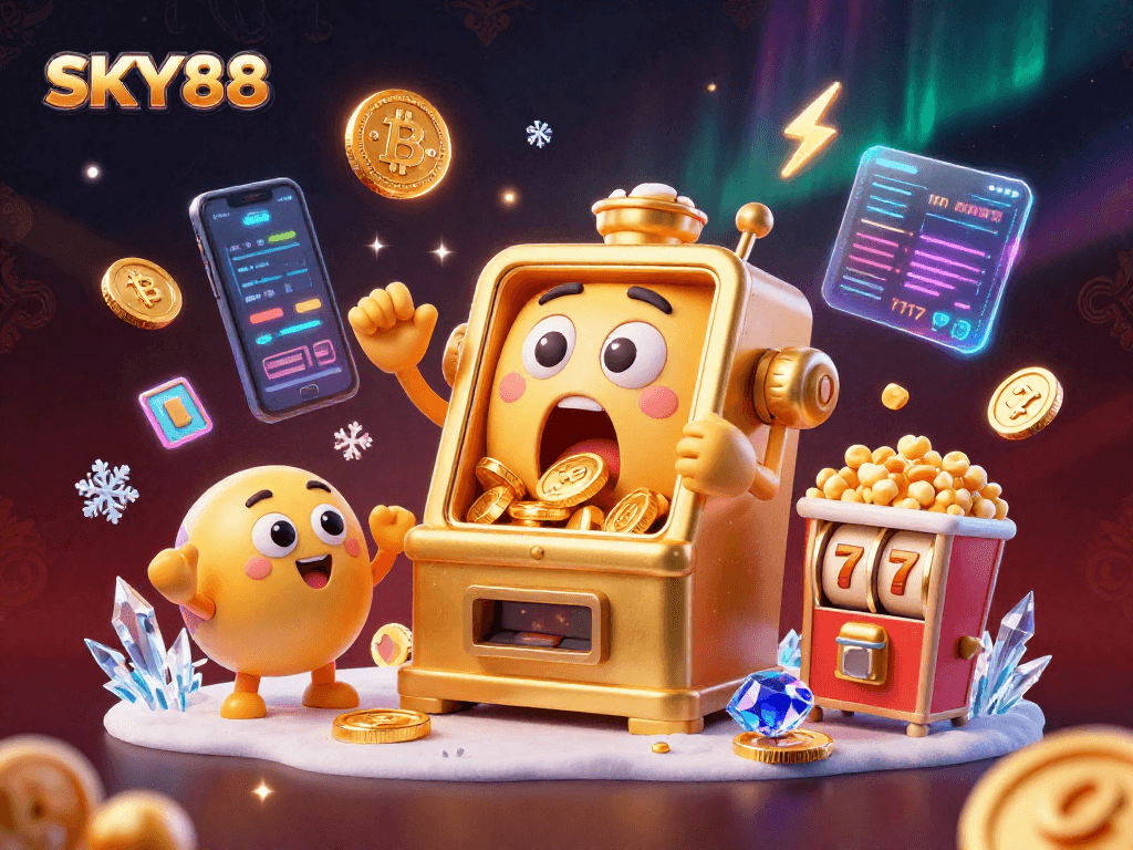 Experience the excitement of SKY88 with a vibrant jackpot scene in this dynamic casino illustration.